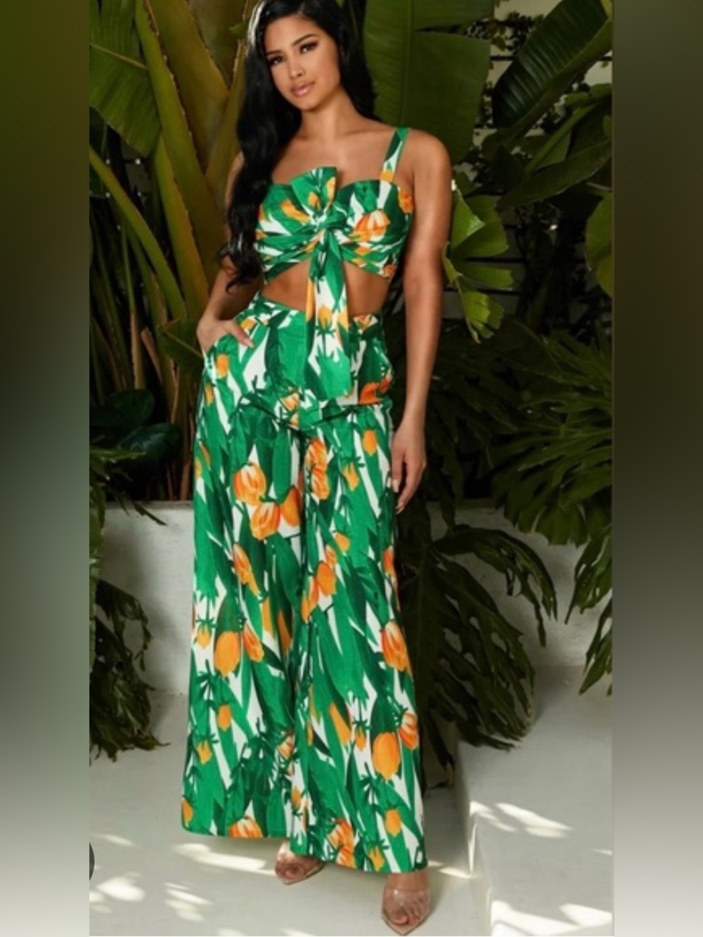L'ATISTE Tropical Tulip Print 2-Piece Set Crop Top Wide Leg Palazzo Pants